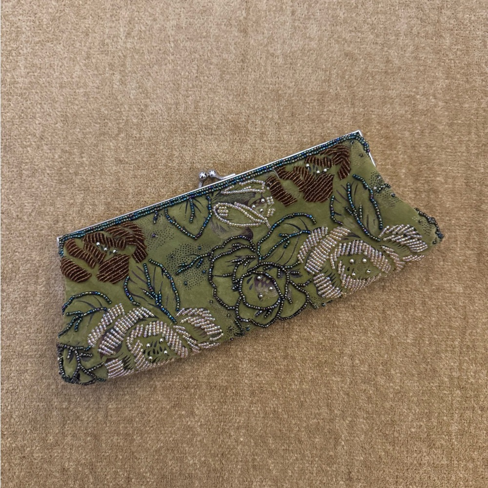 Embroidered Floral Clutch - Green and Brown